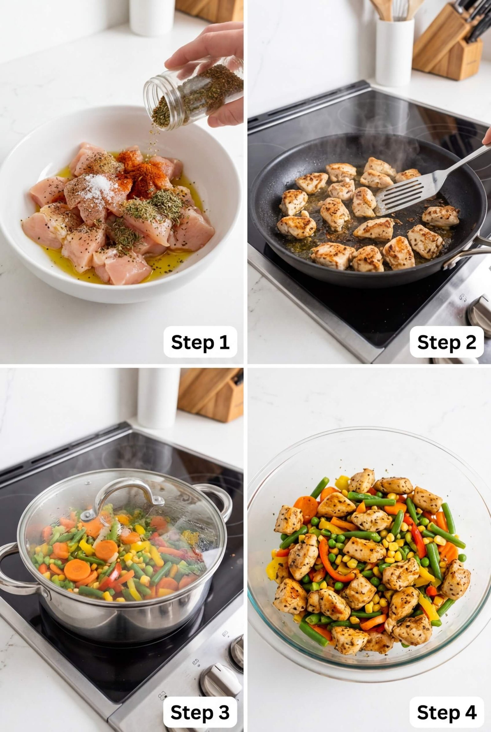 Cooking chicken and vegetables in a pan for dog food