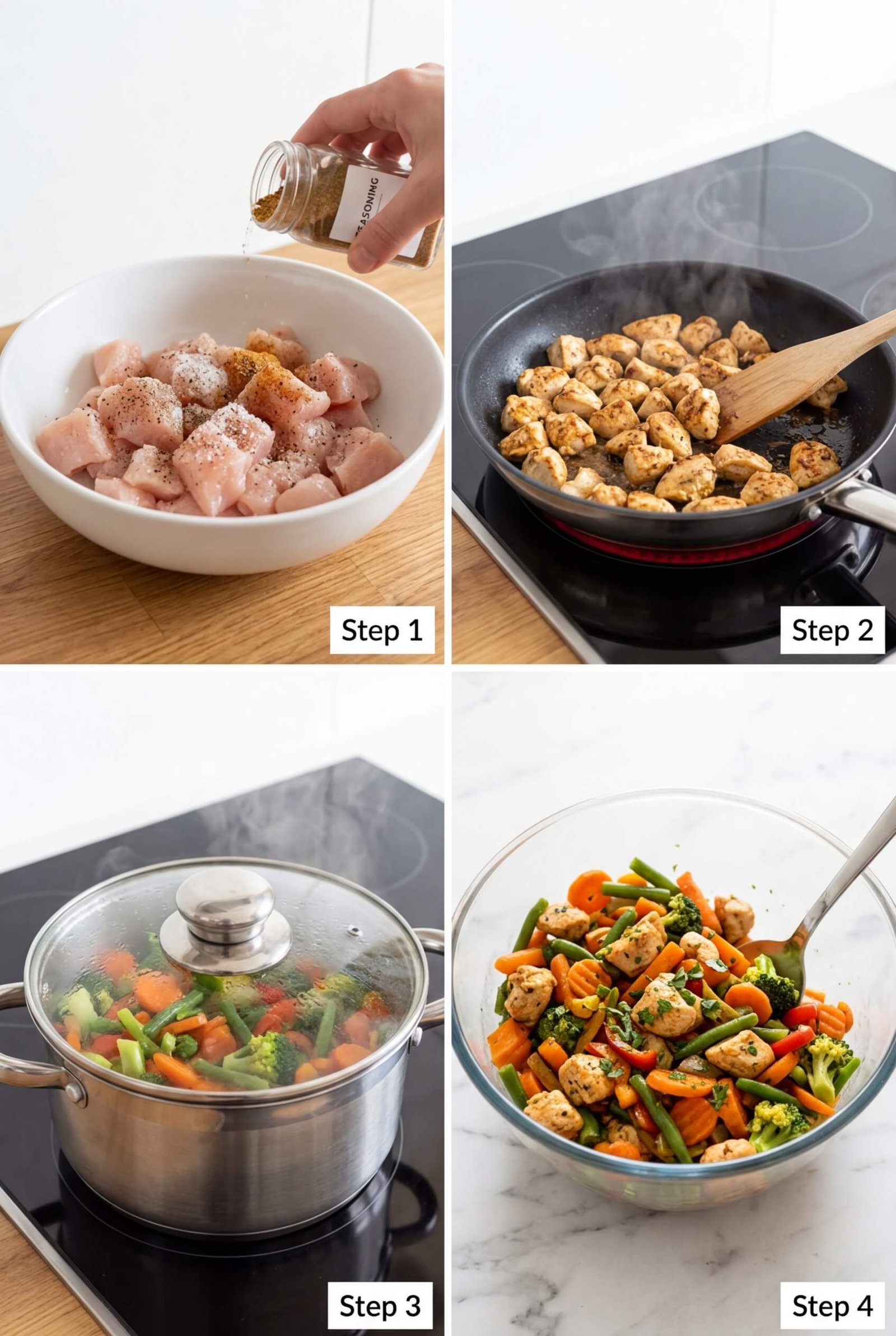 Cooking chicken and vegetables in a pot for dog food